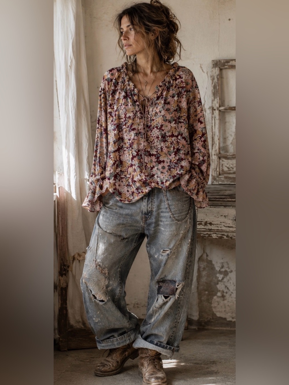 Promesa Floral Ruffle Tie Neck Blouse Boho Western Cottagecore